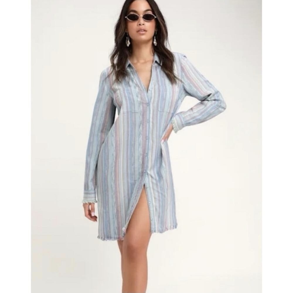 Cloth & Stone‎ Striped Fringe Shirt Dress XS Blue Linen Blend Casual Bohemian